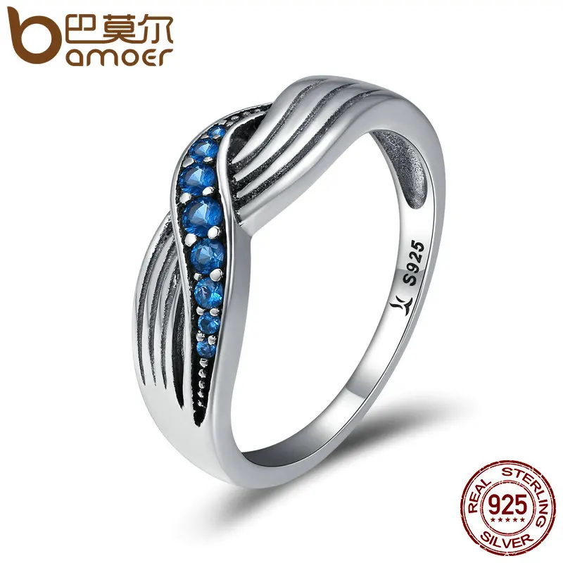 

BAMOER Genuine 925 Sterling Silver Sea Waves Blue Sparking CZ Finger Rings for Women Wedding Engagement Jewelry Gift SCR186