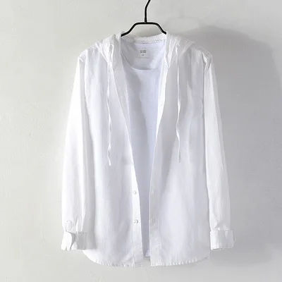 Весна и осень Мужская модная брендовая винтажная рубашка в полоску в китайском стиле из хлопка и льна с капюшоном мужская Повседневная рубашка с длинными рукавами - Цвет: white