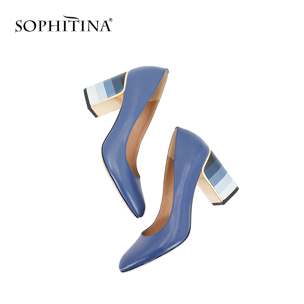 SOPHITINA 2019 Genuine Leather Pumps Women's Autumn Slip-On Round Toe Square Heel Dress Shoes Handmade Elegant Shallow Pumps W10