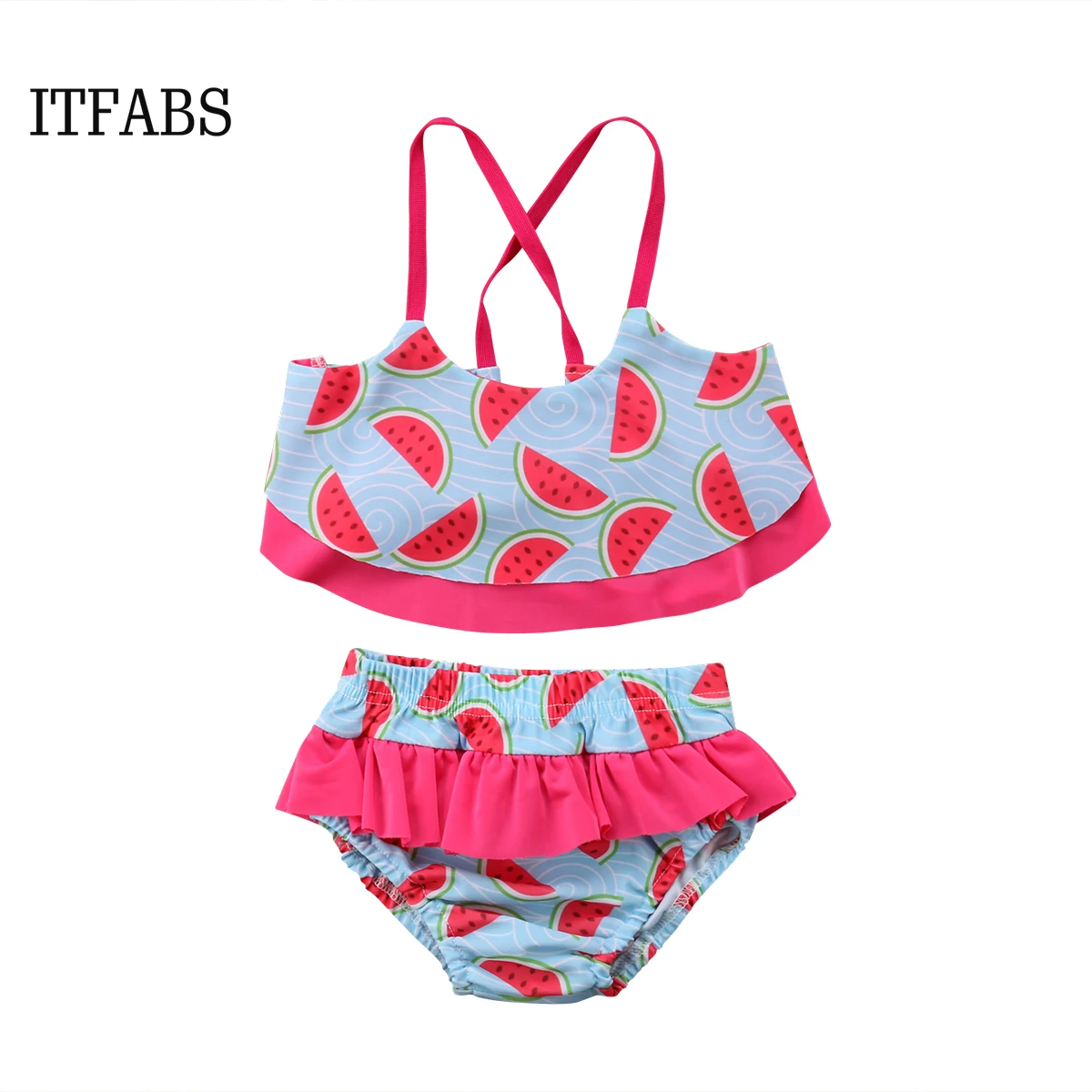 

2018 New Summer Child Watermelon Lace Up Swimwear 2Pcs Kids Girls Halter Ruffles Swimwear Swimsuit Briefs Beachwear Bathing