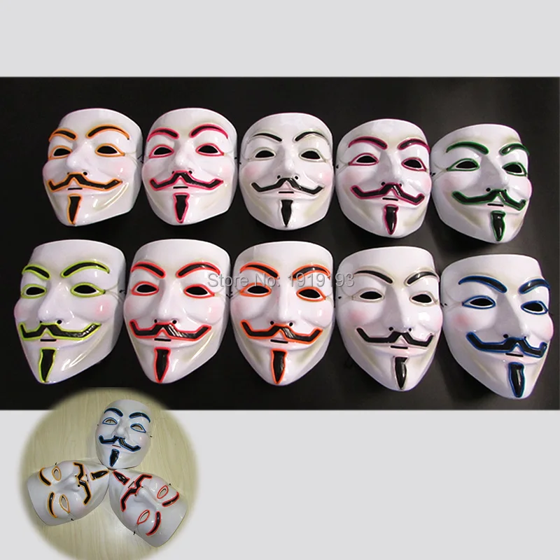 New Style 10 Color Optional EL wire Fashion V for VENDETTA Halloween Cosplay MASK Costume Glowing LED Neon holiday lighting Mask New Style 10 Color Optional EL wire Fashion V for VENDETTA Halloween Cosplay MASK Costume Glowing LED Neon holiday lighting Mask