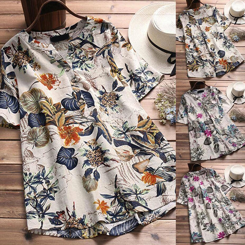 2019 Women's Linen Plush Size Blouse Shirt Women Casual Loose Summer Tops Short Sleeve V-Neck Button Shirts Floral Boho Blusas