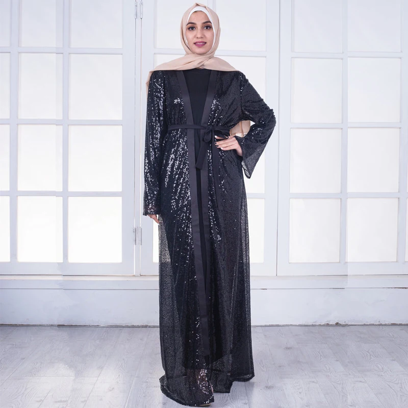 Черный абаи Дубай Кафтан кардиган с пайетками хиджаб мусульманское платье джилбаб халат Musulmane Longue Женская турецкая исламская одежда