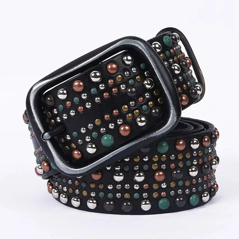 2018 New Men Colorful Rivet Punk Rock first layer leather Belt Metal
