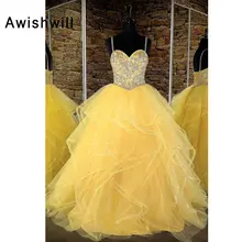 На заказ, большие размеры, вечернее платье для выпускного вечера, бальное платье на бретельках, на шнуровке, с аппликацией и бусинами из тюля, желтое вечернее платье, длинное