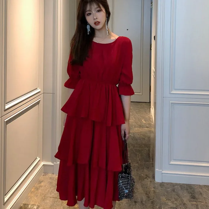 

Japanese Mori Girl Women Princess Dress White Apricot Romantic Tiered Dress Cute Kawaii Fairy Cotton Ruffles Dress