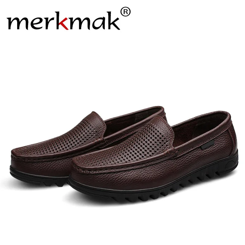 

Merkmak Leisure Genuine Leather Men Flats Shoes Breathable Loafer Ergonomic Holes Driving Shoes Big Size 37-48 Footwear DropShip