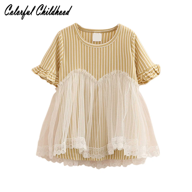 

Adorable toddler Girls shirt Summer short-Sleeve Stripe Tops Kids Children Ruffles outfit 2-8Yrs
