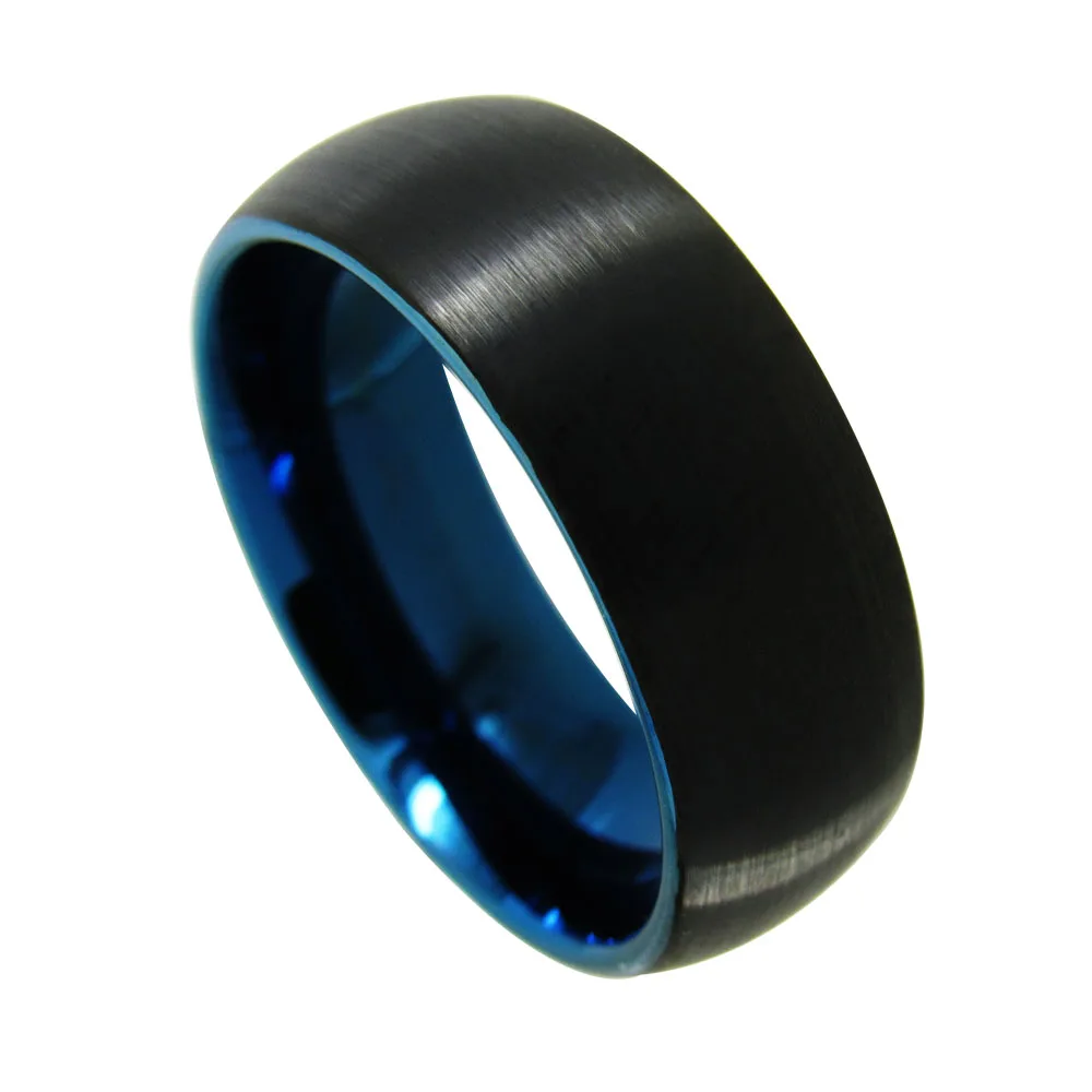 8mm Blue Round Domed Tungsten Carbide Ring Black Brushed Polish