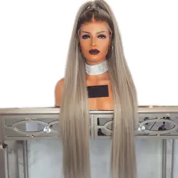DLME длинные прямые Ombre пепел блондинка парик 180 плотность 28 дюйм(ов) синтетический синтетические волосы на кружеве парик Детские волосы