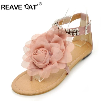 

REAVE CAT Big size 34-43 Gladiator Sandals for Women Bohemia Beaded Summer Flower Flat Heels Flip Flops Women's Tstraps Sandals