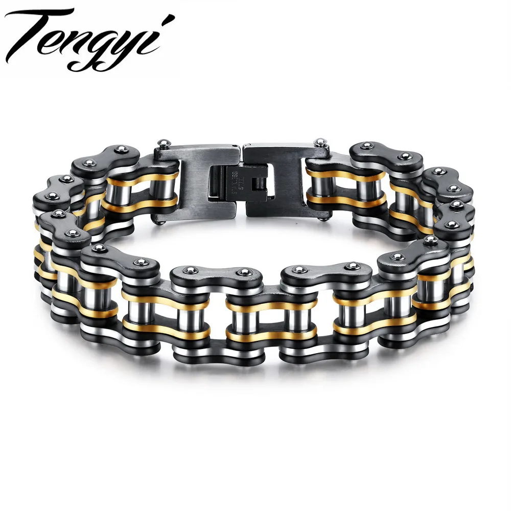 

TENGYI Hot Sale Motorcycle Chain Bracelet Men Biker Stainless Steel 15mm Bid Wide Bracelet 205mm Length Adjustable Jewelry GS877