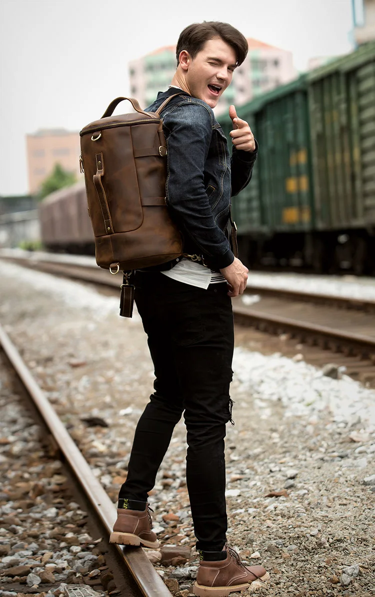 Outdoor Model Show of Woosir Genuine Leather Vintage Mens Backpack