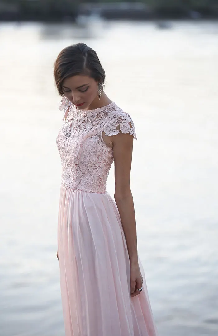 

2016 Lace Scoop Sheer Cap Sleeve Long Prom Party Dresses Vestido De Festa Longo Bridemaid Dresses Chiffon MK-162