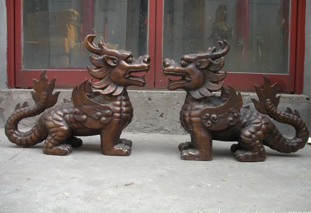 

18"China royal Huge Bronze Dragon Kylin Foo Dogs Lion Pair Evil spirits statue