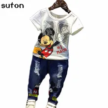 Bande dessinée de Mickey Mouse carttracksuits Enfants Enfants bébé Garçons Ensemble de Tissu sumemr 2 pcs Ensemble t-shirt + jeans pantalon mode Costumes Coton