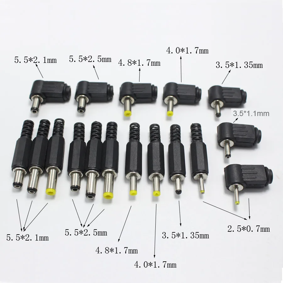 

5.5x2.5 5.5x2.1 4.8x1.7 4.0x1.7 3.5x1.35 3.5x1.1 2.5x0.7 mm Male DC Power Plug Connector Angle 90 180 degree L Shaped Plugs