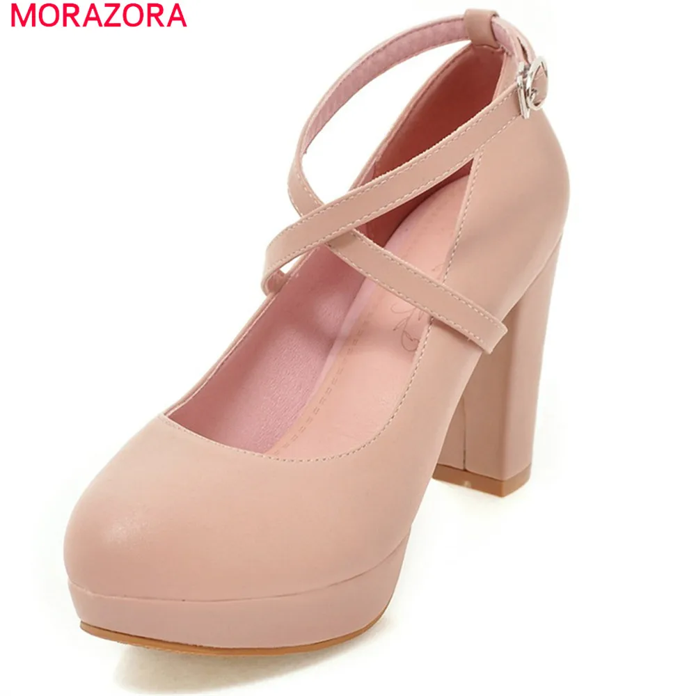 

MORAZORA hot prevail 2018 sweet ladies pumps round toe with buckle extreme high heels square heel women platform shoes