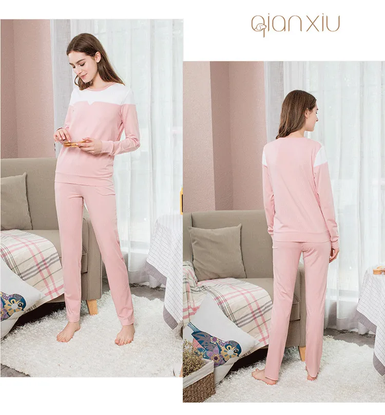 Pink Осенняя брендовая Домашняя одежда, Женская Повседневная Лоскутная Пижама, комплекты, женская футболка с круглым вырезом+ штаны, Женский хлопковый пижамный комплект - Цвет: Pink