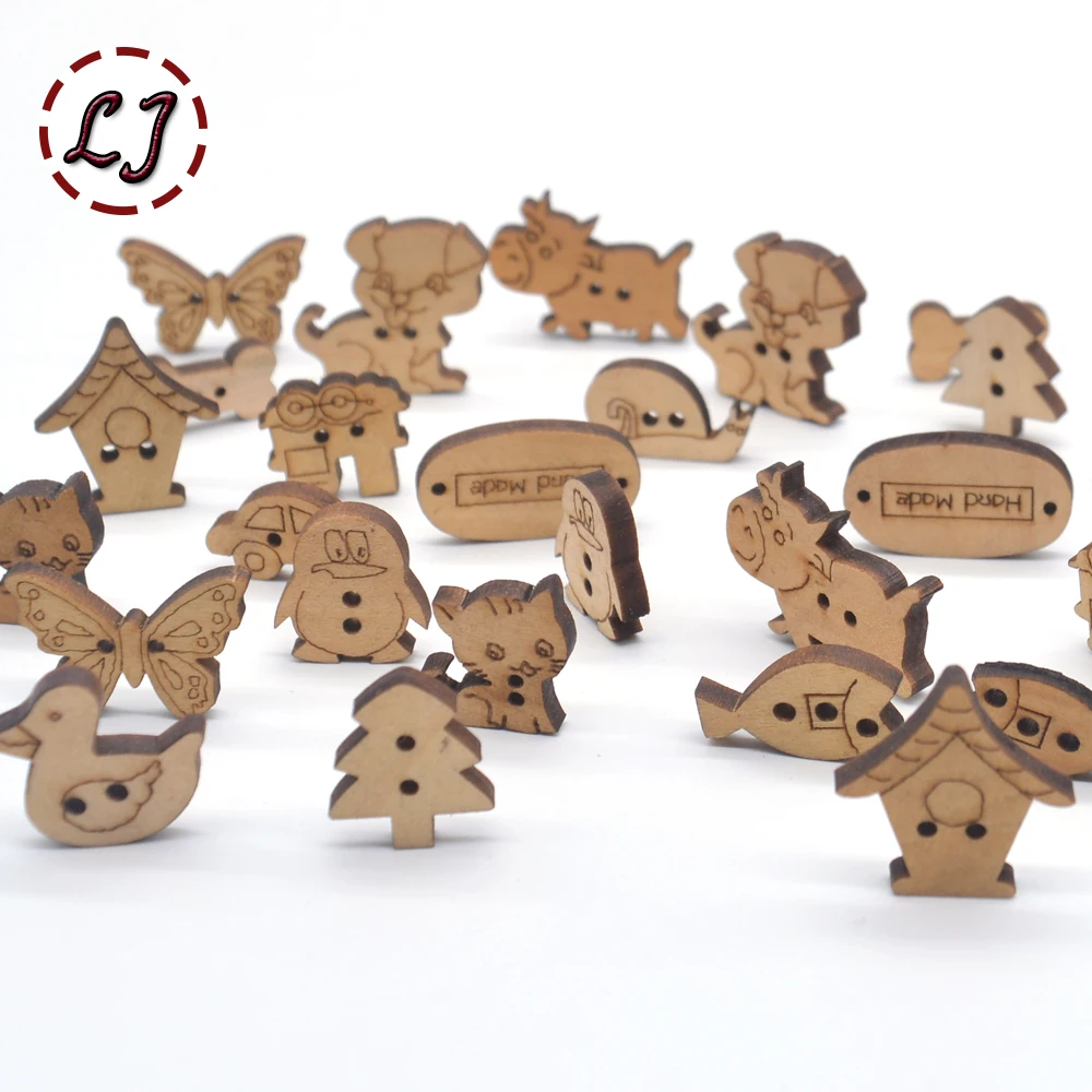 

Hot 50pcs/lot natural color cute cartoon wooden button for kids sewing buttons clothes accessories wooden crafts decoration DIY