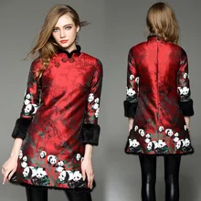 На осень-зиму дизайнерские женские Куртки красное серебро Панда Бамбук Вышивка меховой воротник, манжеты снизу Модные Винтажные Брендовое пальто