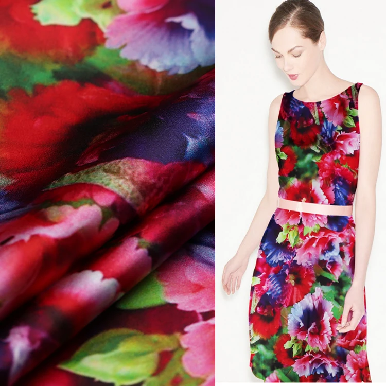 

2017 New 108cm wide 19mm silk stretch satin digital inkjet red fire silk heavy stretch cheongsam fabric