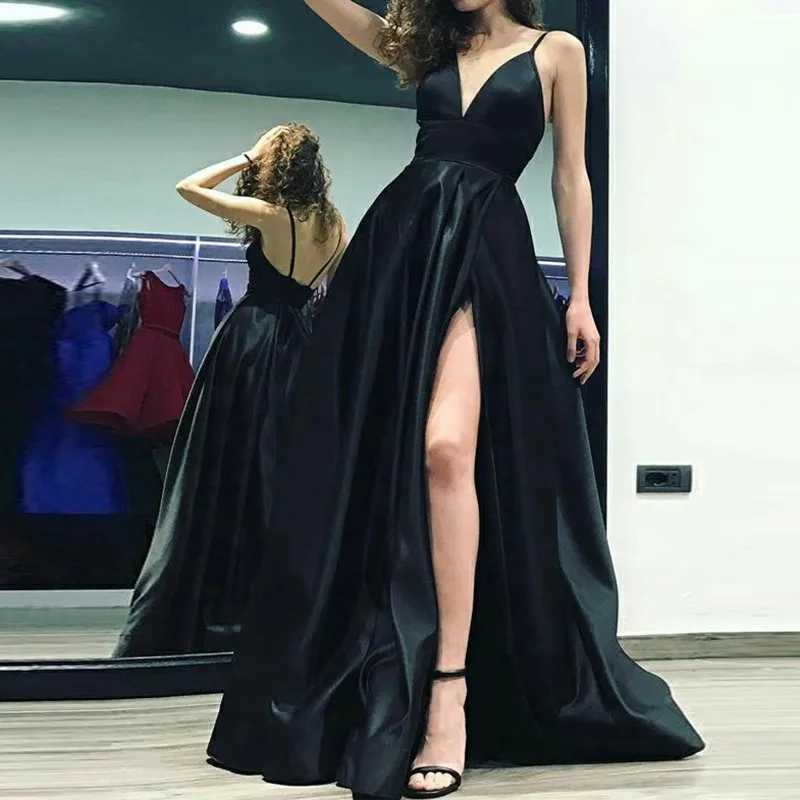 

Women Spaghetti Strap V-Neck Summer Dress Black Sexy Spiked Halter Long Dress Summer