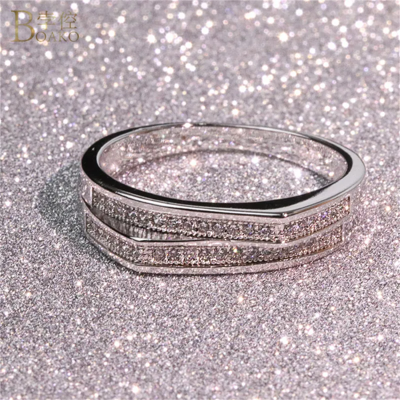 

BOAKO Zircon Crown Finger Ring Classic Stackable Silver Wedding Rings for Women Double Split Love Ring Micro Cubic Zirconia Ring