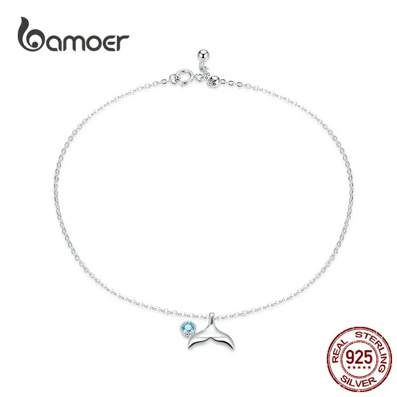 bamoer Blue Ocean Mermaid Bracelet for Ankle 925 Sterling Silver Fish Tail Foot Anklets Bracelets Jewery for Leg SCT004