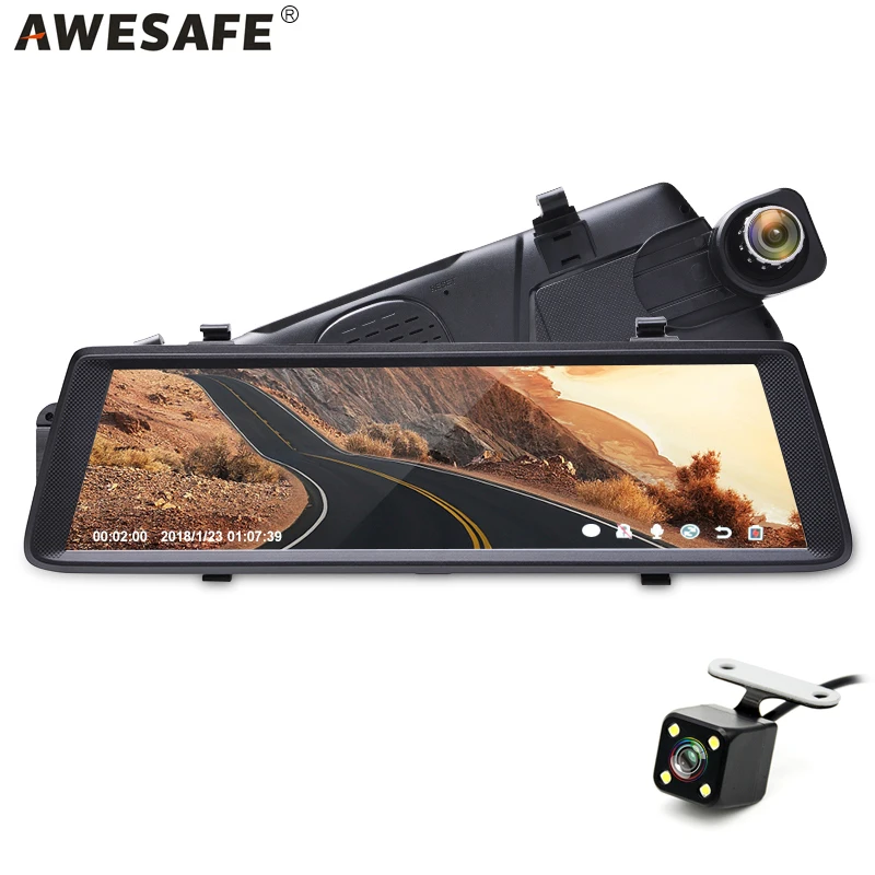 AWESAFE 10 Inch Mirror Dash Cam 1080P Front and Rear Dual Lens,Rear Mirror Camera with 24 Hours Parking Monitor and G Sensor