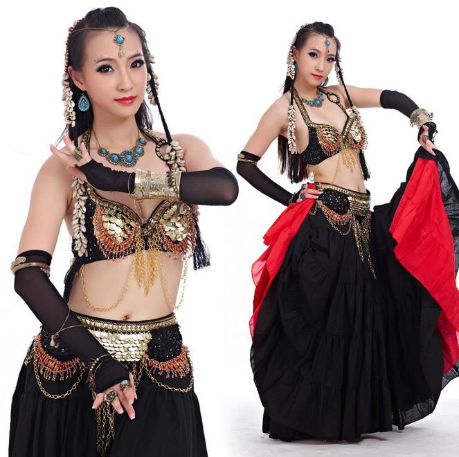 

Women Tribal Belly Dance Wear 4 Pieces Outfit Set Antique Bronze Beads Bra Belt Skirts Gypsy Dance Costumes