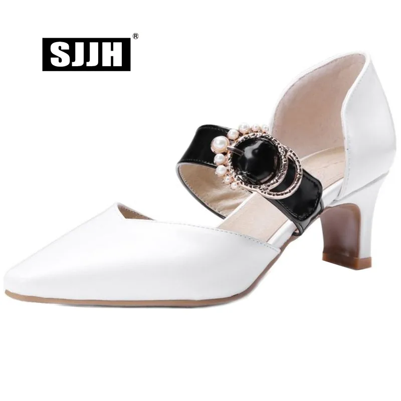 

SJJH Woman Roman Sandals with Square Toe Chunky Heels Beading Crystal Footwear Fashion Elegant Formal Shoes Large Size A354