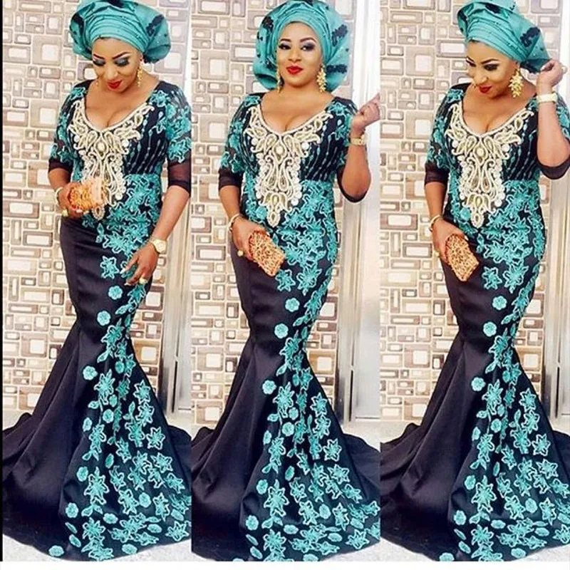 

Exquisite Evening Dresses Mermaid Appliques Half Sleeves Evening Gowns Floral robe de soiree 2019 Formal Dress vestido longo