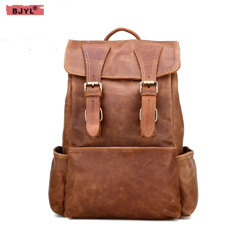 

BJYL trendy genuine leather women backpack fashion female first layer of leather shoulder bag retro brown travel backpacks
