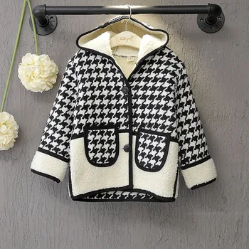 

Double pocket hooded single row of thousands of birds grid baby girl down coat autumn and winter children's clothing jacket