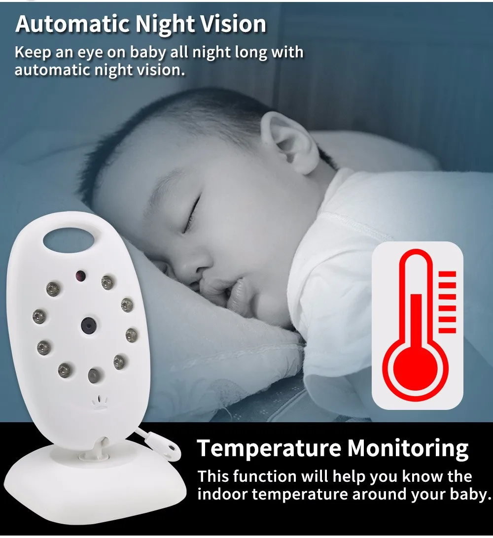 Wireless Video Baby Monitor 2.0 inch Color Security Camera 2 Way Talk NightVision IR LED Temperature Monitoring with 8 Lullaby