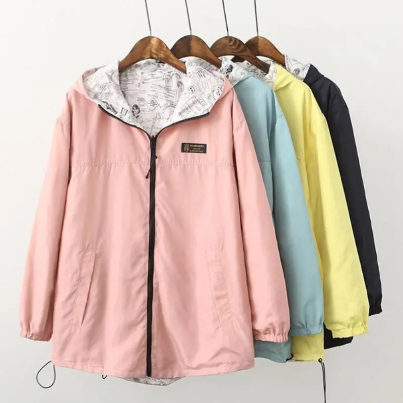 

Spring Autumn Fashion Women Jacket Coat Pocket Zipper Hooded Two Side Wear Cartoon Print Outwear Loose Plus Size