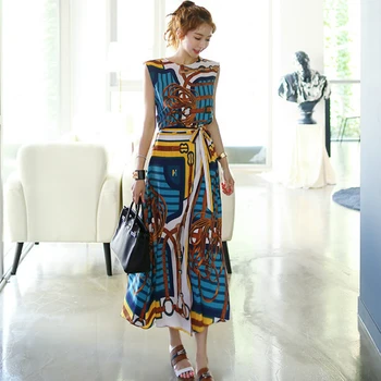 

2020 Summer Sleeveless Two Piece Print Sets Swing Mid-Calf Long Maxi Casual Suit Dress