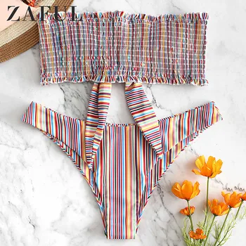 

ZAFUL Stripes Shirred Bikini Set Bandeau Women Bikini Set Sexy Strapless Padded Bathing Suit Summer High Leg Beach Swimsuit