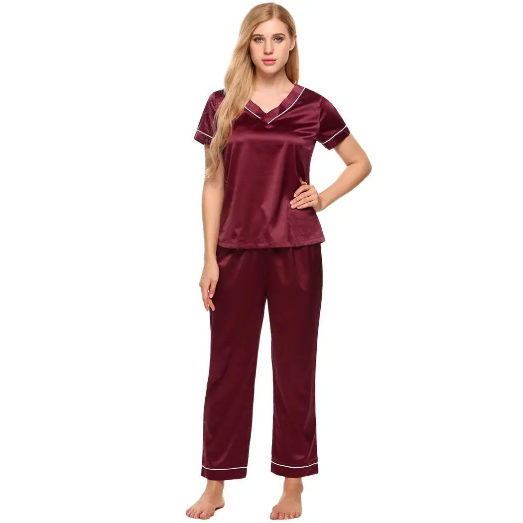 Ekouaer Lounge Satin Pajamas Set V Neck Short Sleeve Top and Long Pants Women Sleepwearin