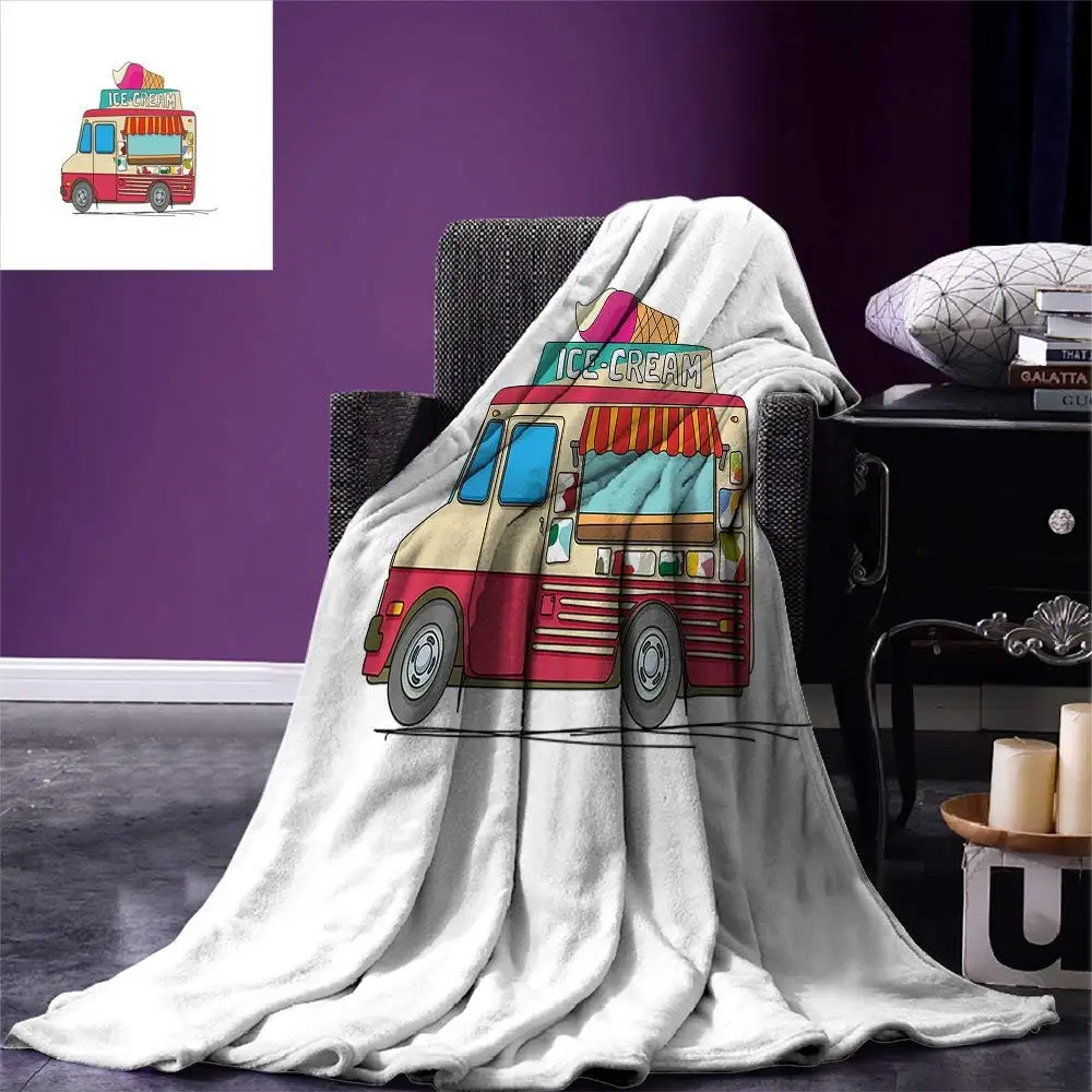 

Truck Throw Blanket Ice Cream Truck Colorful Illustration Business Idea Cartoon Style Cutaway Vehicle Warm Microfiber