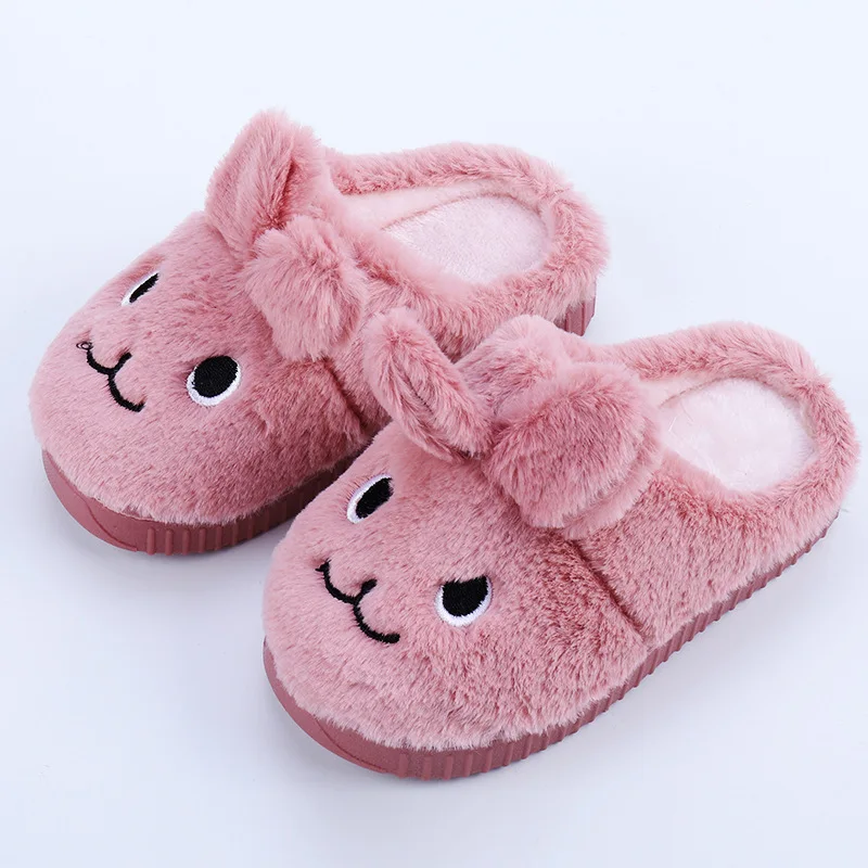 Детские хлопковые тапочки для девочек; домашняя обувь; зимние детские теплые Нескользящие домашние тапочки для мальчиков; утолщенная бархатная обувь с кроликом - Цвет: rubber red
