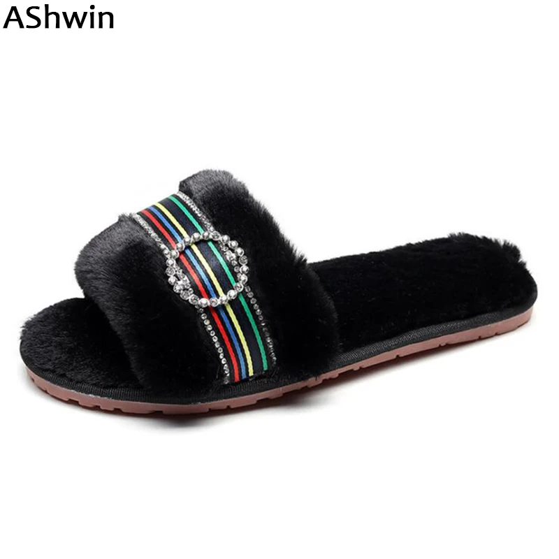 

AShwin fashion women fur slipprs warm winter faux furry slipper slides snowshoes thermal shoes glitter shiny shoes home mules