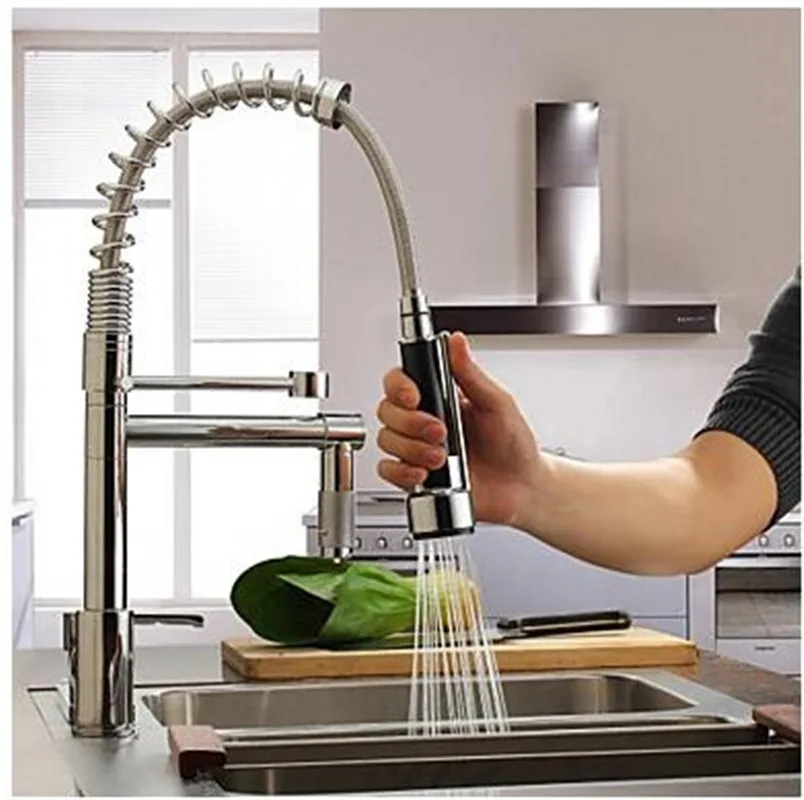 Contemporary Chrome Pull out Spray Kitchen Faucet 360 Swivel Brass Mixer Tap Dual Handle Dual Hole torneiras para pia cozinha