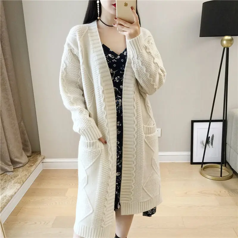 creamy-white Женские длинные кардиганы для осени и зимы, теплые длинные кардиганы больших размеров, пончо, Корейская вязанная куртка, Sueter Mujer, однотонное пальто - Цвет: creamy-white