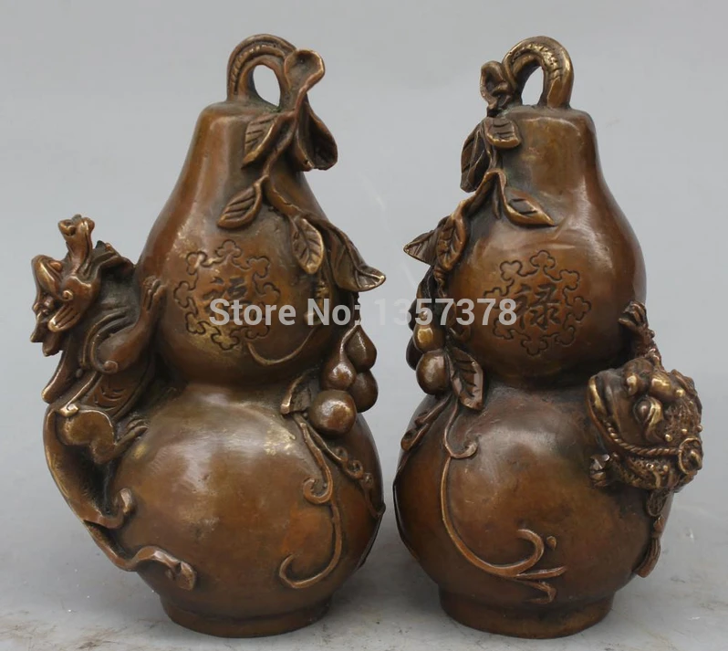 shitou 00361 Marked Chinese Bronze Fu Lu Shou Pixiu Beast Cicada Frog Calabash Pair Statue | Дом и сад