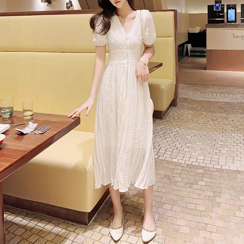 

Korean Women Summer Short Sleeve Dress Elegant White V-neck Chiffon Vestido Causal High Waist Lady Party Dress Slim Female Dress