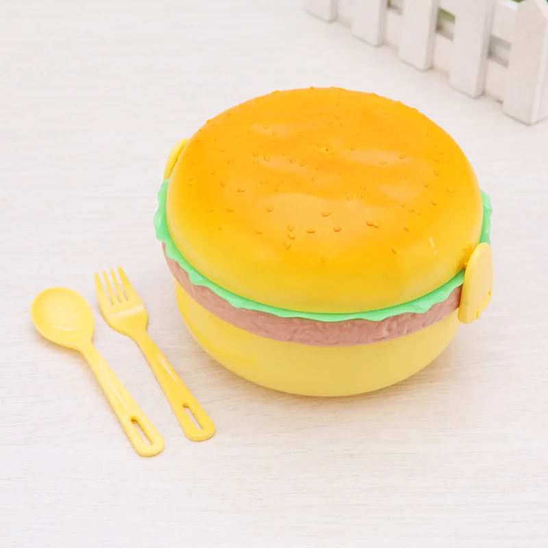 

Hamburger Double Tier Lunch Box New Cute Burger Box Bento Lunchbox Children School Food Container Tableware Set Kitchenwith Fork