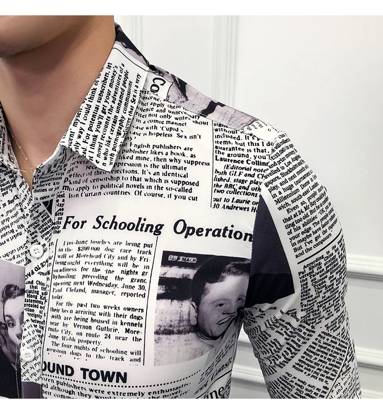 Модные дизайнерские узор рубашка Для мужчин тонкий газета рубашка Camisa социальной Мужская мода рубашка Для мужчин; вечерние клуб уникальная рубашка