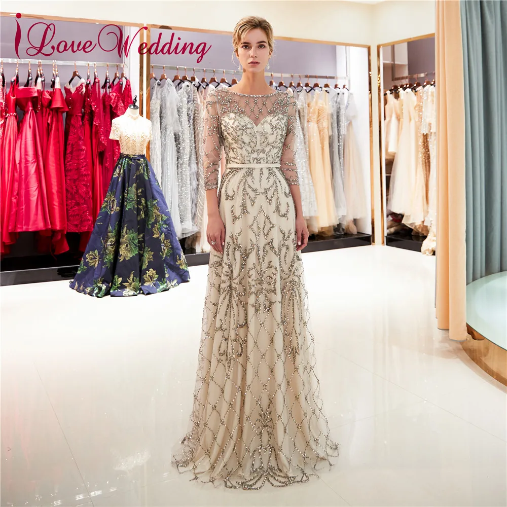 

2019 Evening Dresses Scoop Illusion Collar Full Body Crystal Sequin Beads Formal Long Three Quater Floor Length Luxury Gown